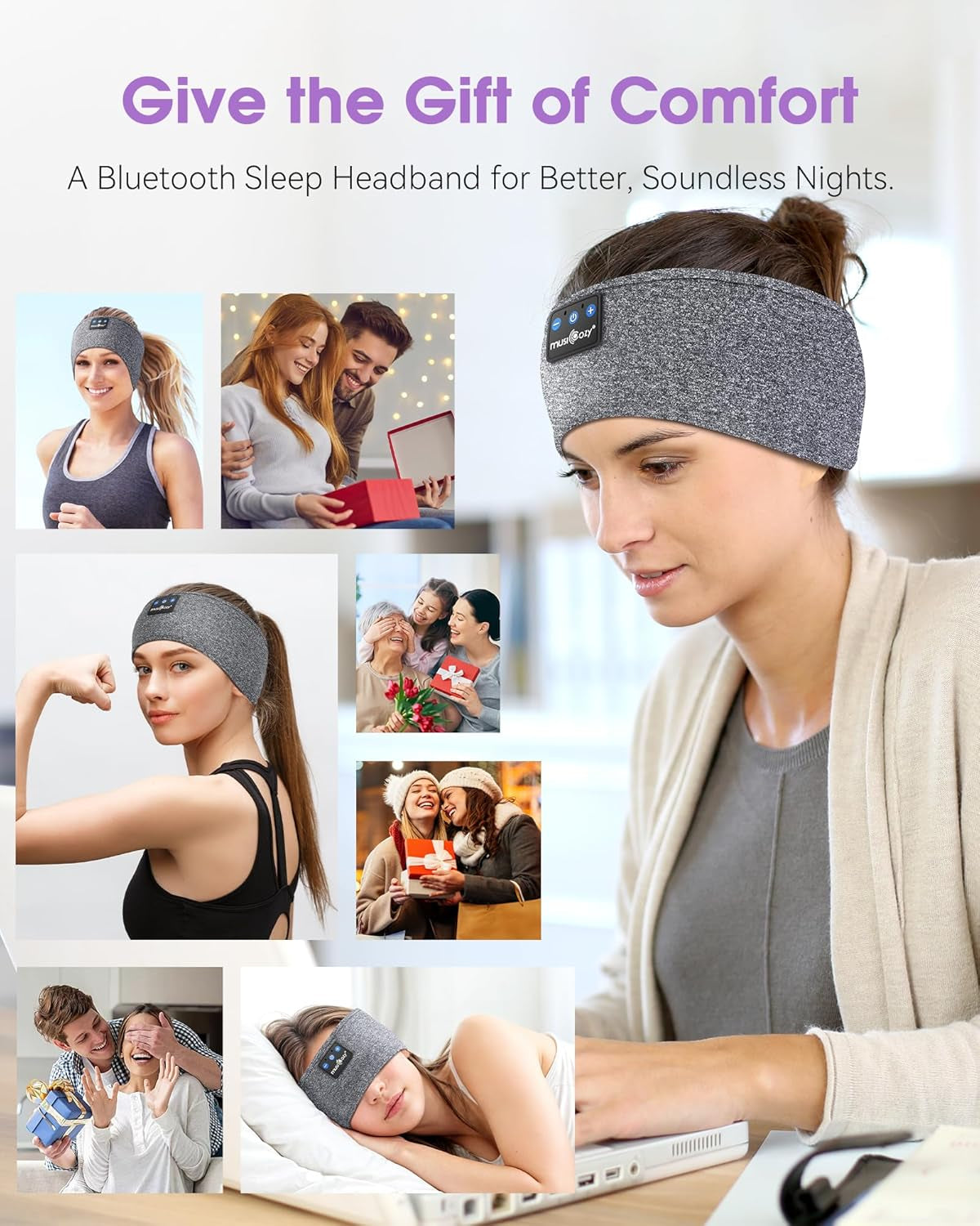 Sleep Headphones Bluetooth 5.4 Headband, Sports Wireless Earphones Sleep Mask Earbuds IPX6 Waterproof for Side Sleepers Workout Running Insomnia Travel Yoga Cool Tech Gadgets (Gray)
