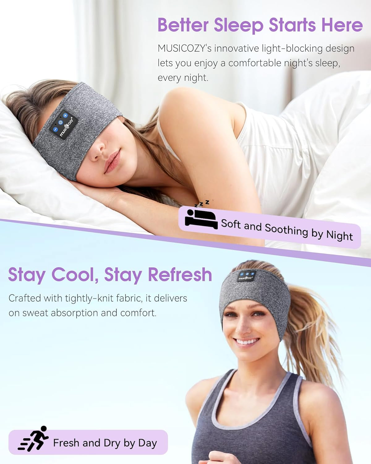 Sleep Headphones Bluetooth 5.4 Headband, Sports Wireless Earphones Sleep Mask Earbuds IPX6 Waterproof for Side Sleepers Workout Running Insomnia Travel Yoga Cool Tech Gadgets (Gray)