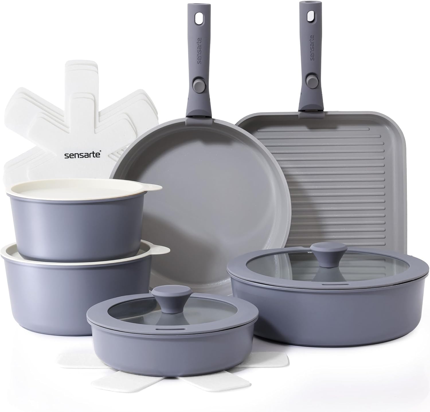 SENSARTE 17 Piece Pots and Pans Set, Nonstick Detachable Handle Cookware Set, Induction Kitchen Cookware Set with Removable Handle, Healthy Non Stick for RV, Dishwasher ＆ Oven Safe (White)