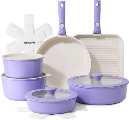 SENSARTE 17 Piece Pots and Pans Set, Nonstick Detachable Handle Cookware Set, Induction Kitchen Cookware Set with Removable Handle, Healthy Non Stick for RV, Dishwasher ＆ Oven Safe (White)