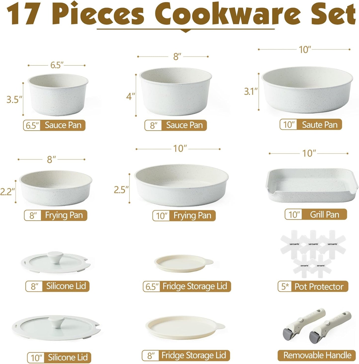 SENSARTE 17 Piece Pots and Pans Set, Nonstick Detachable Handle Cookware Set, Induction Kitchen Cookware Set with Removable Handle, Healthy Non Stick for RV, Dishwasher ＆ Oven Safe (White)
