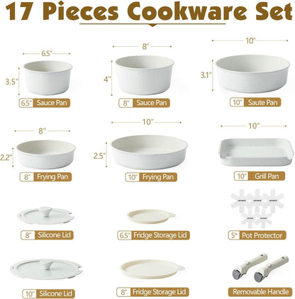 SENSARTE 17 Piece Pots and Pans Set, Nonstick Detachable Handle Cookware Set, Induction Kitchen Cookware Set with Removable Handle, Healthy Non Stick for RV, Dishwasher ＆ Oven Safe (White)