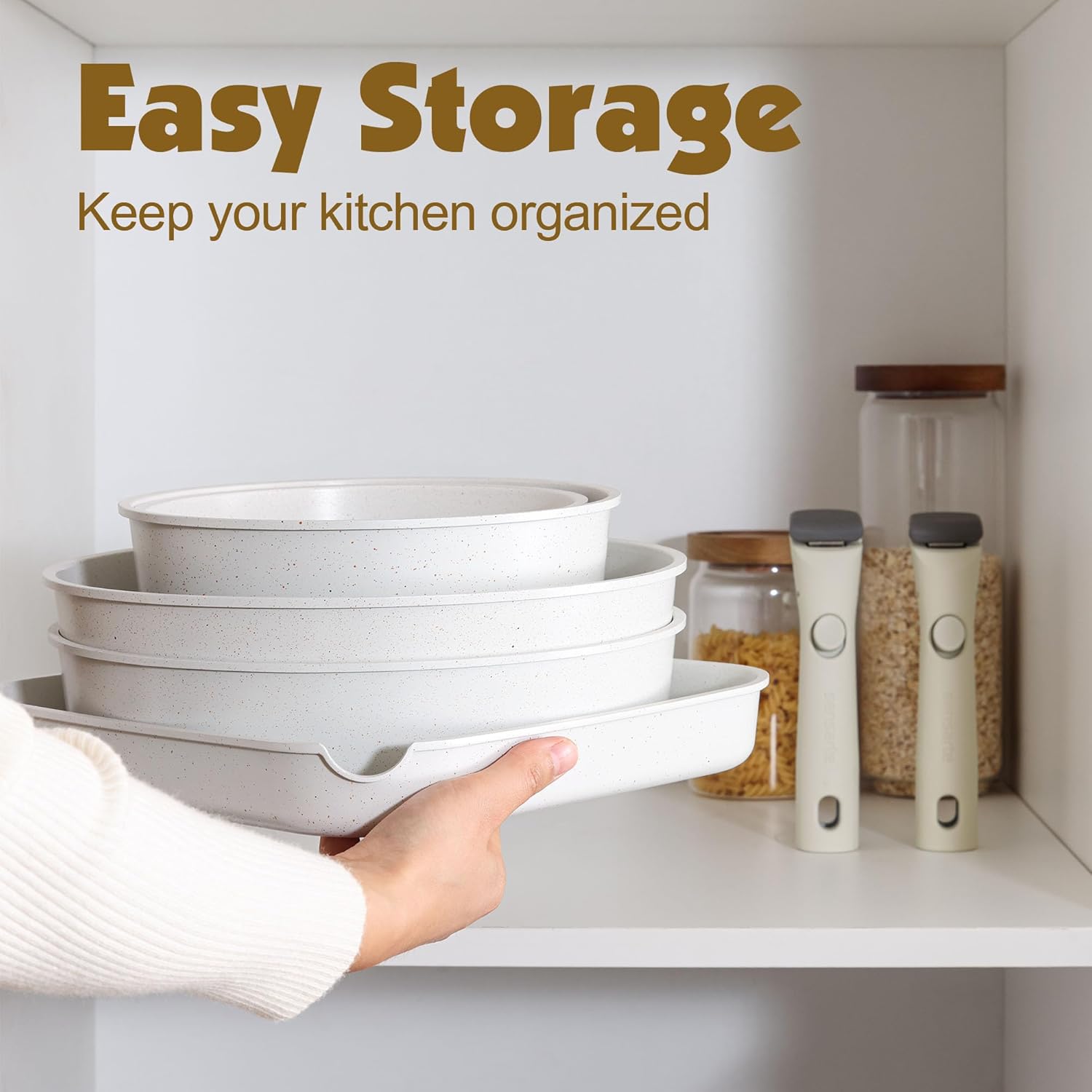 SENSARTE 17 Piece Pots and Pans Set, Nonstick Detachable Handle Cookware Set, Induction Kitchen Cookware Set with Removable Handle, Healthy Non Stick for RV, Dishwasher ＆ Oven Safe (White)