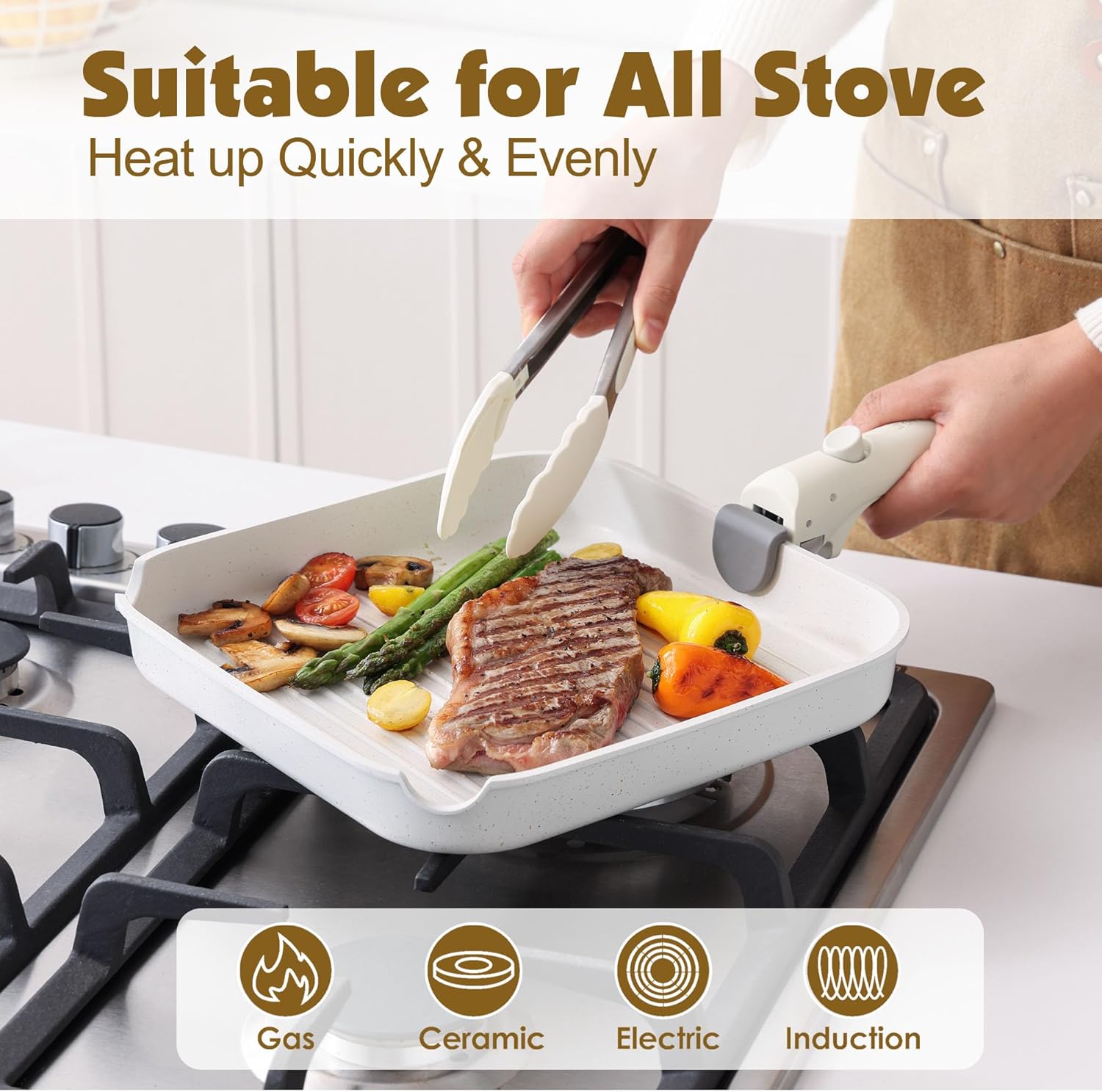 SENSARTE 17 Piece Pots and Pans Set, Nonstick Detachable Handle Cookware Set, Induction Kitchen Cookware Set with Removable Handle, Healthy Non Stick for RV, Dishwasher ＆ Oven Safe (White)