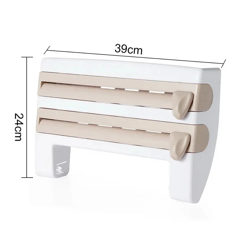 4 In1 Paper Hanger Cling Film Storage Rack Film Roll Holder Cutter Wall Mounted Plastic Kitchen Towel Foil Dispenser Cling