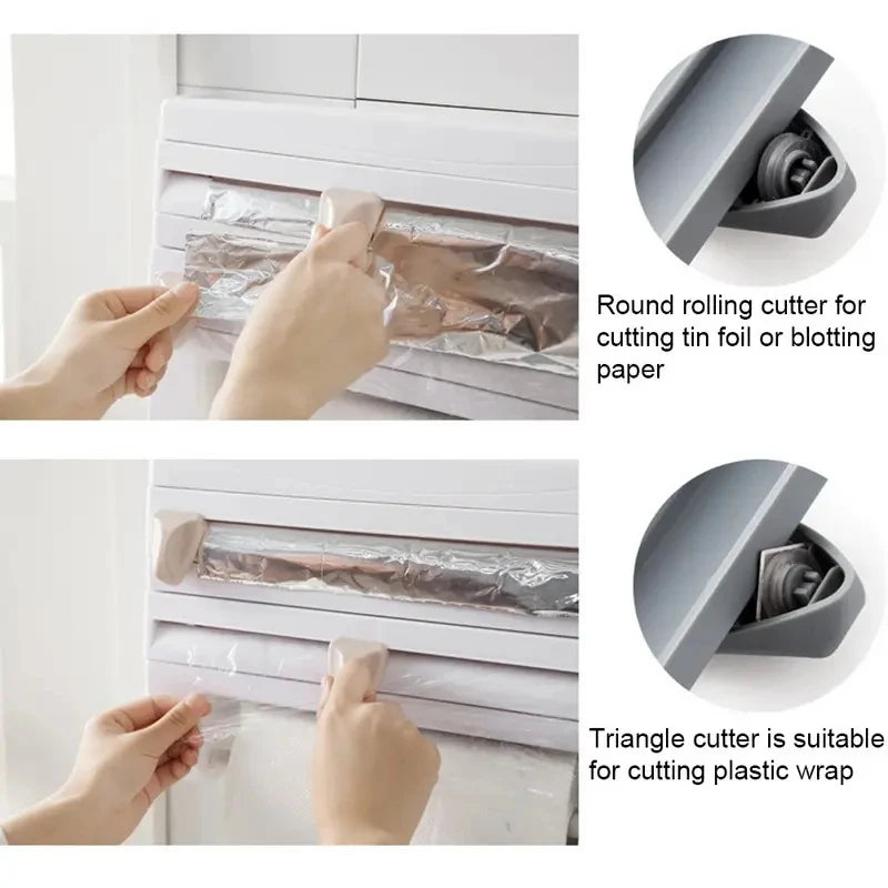 4 In1 Paper Hanger Cling Film Storage Rack Film Roll Holder Cutter Wall Mounted Plastic Kitchen Towel Foil Dispenser Cling