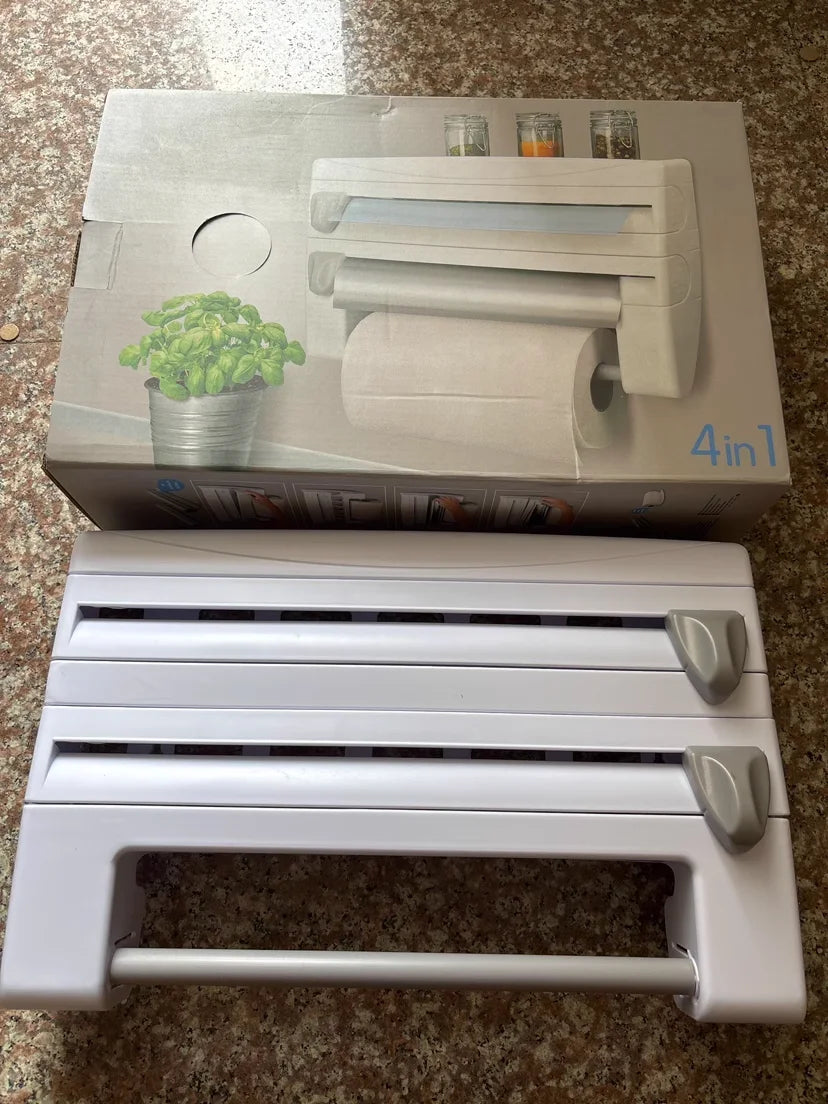 4 In1 Paper Hanger Cling Film Storage Rack Film Roll Holder Cutter Wall Mounted Plastic Kitchen Towel Foil Dispenser Cling